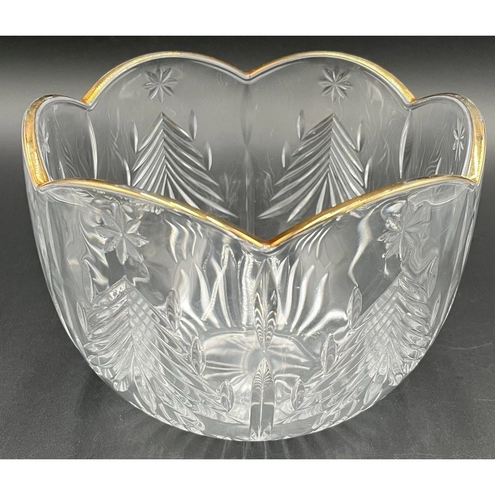 Vtg MIKASA Cut Glass Crystal Bowl Christmas Tree Gold Trimmed 7.75" Diameter
